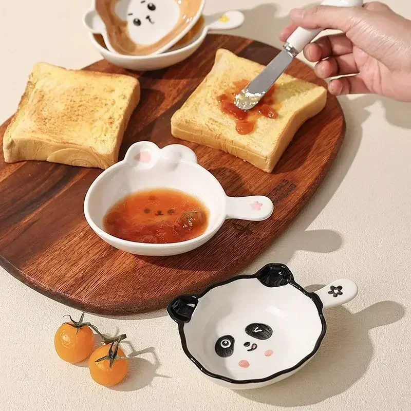 Cute Ceramics Snack Plate Cartoon Animals Saucer Hot Pot Dipping Sauce Dish Handle Dinner Plate Delicate Dessert Snack Plates 4