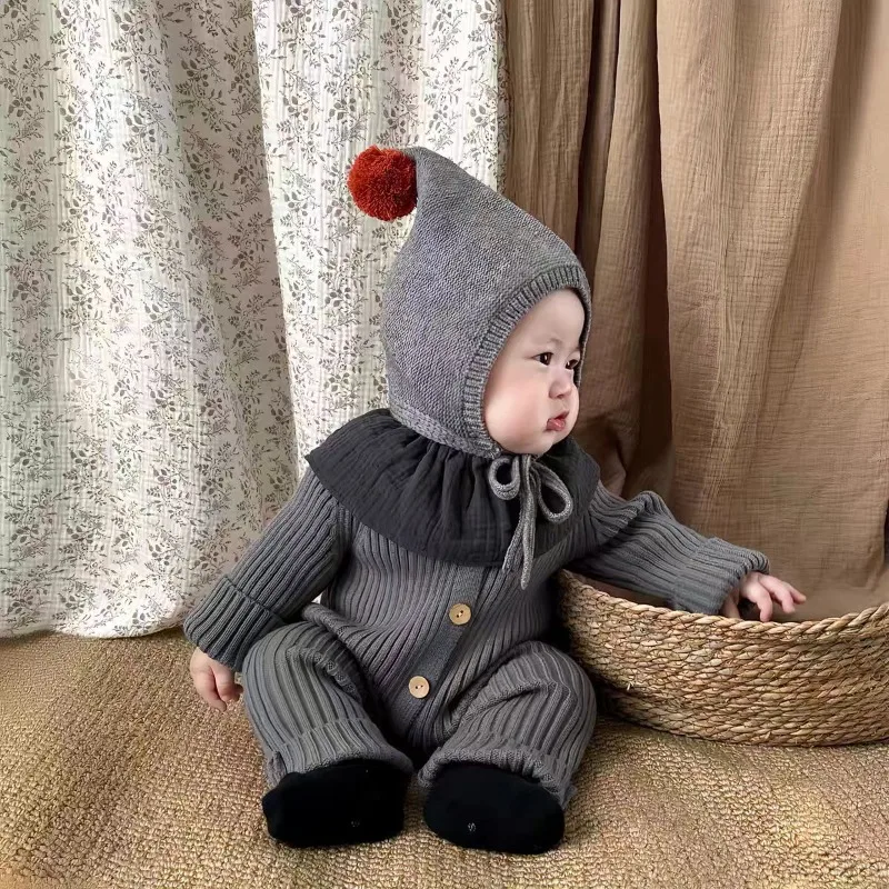 Autumn-Winter Baby Hat Adorable Pom-Pom Knitted Earflap Hat Unisex Tie-Back Warm Pointy Baby Wool Hats Winter Hats Accessories