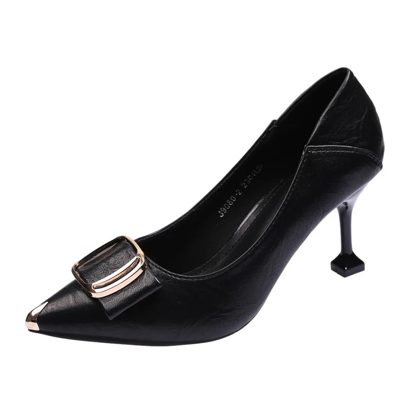 

Sexy Women Pumps Spring Square Button Pointed Toe PU 7CM Thin Heels Classics Office Work Female Comfort Women Heels Shoes Black