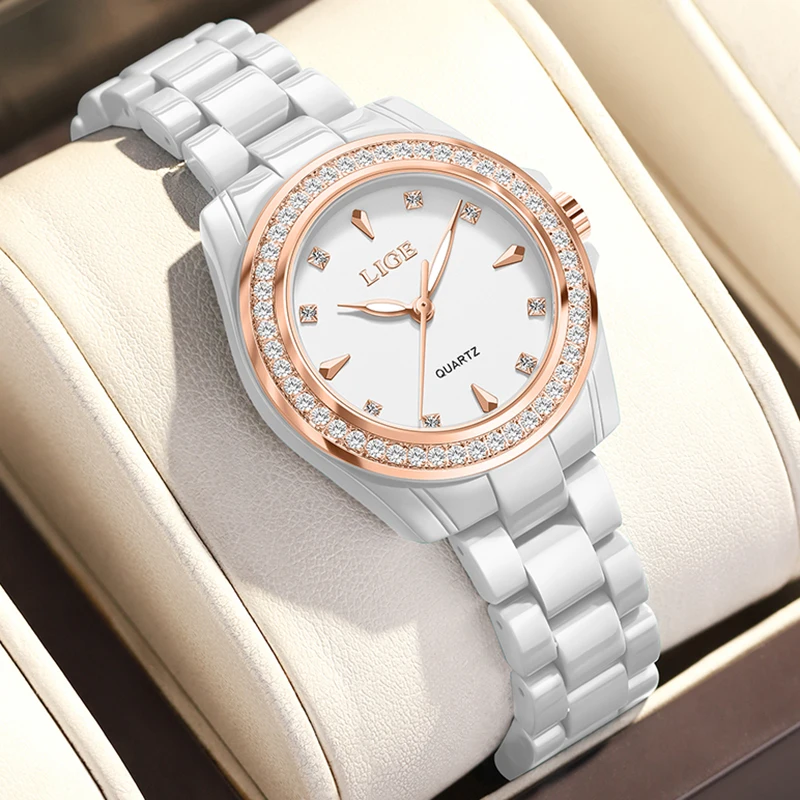 LIGE Watch Women New Fashion Luxury Stainless Steel Wristwatch Bracelet Simple Round Ceramic Waterproof Luminous Ladies Watches