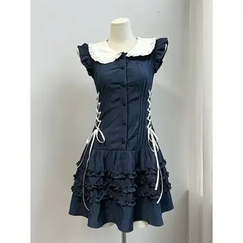 Elegante Abito Gotico Vintage da Donna, Vestito Mini Senza Maniche in Pizzo Stile Lolita, Moda Quotidiana Y2K Slim Fit per Ragazze Audaci