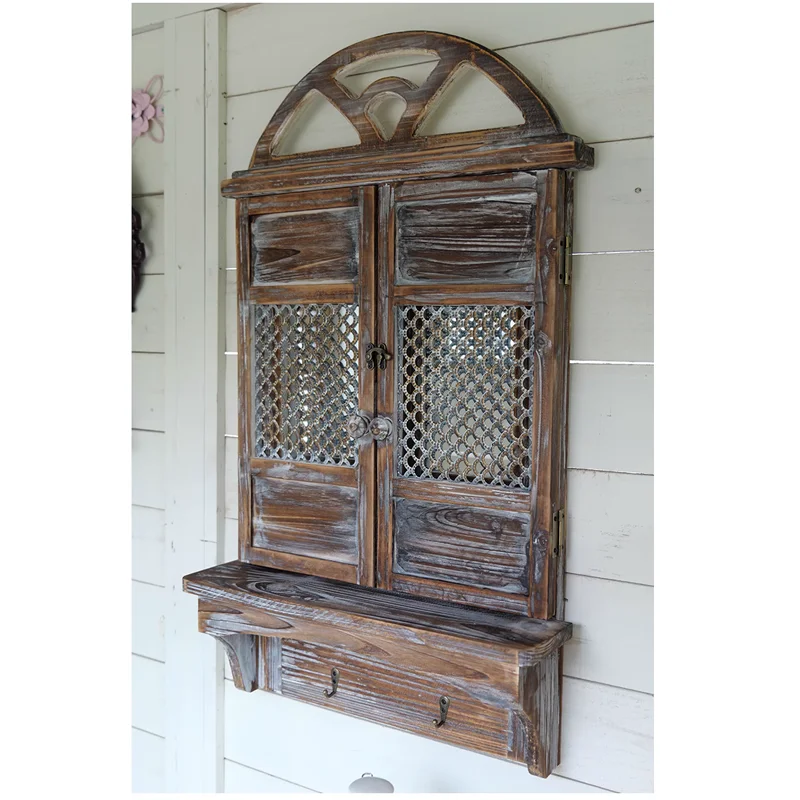 Farm Style Vintgae Wooden Decorative Window Mirror with Floating Shelf