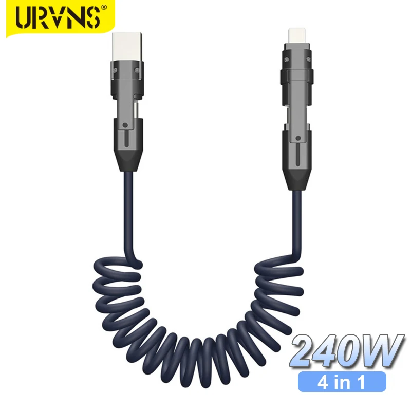 URVNS PD 240 Вт Сверхбыстрый зарядный кабель 4 в 1 Type C к USB Type C пружинный провод 5A 100 Вт для MacBook Pro iPhone 15 Samsung кабель для передачи данных
