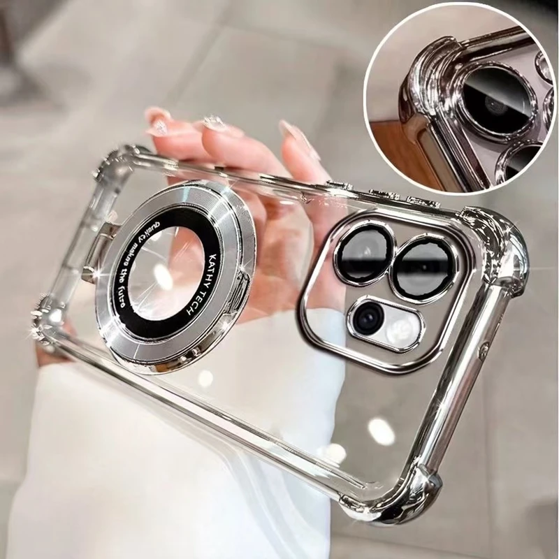 Electroplated Bracket Shockproof Phone Case - Stand & Transparent Silicone TPU Cover