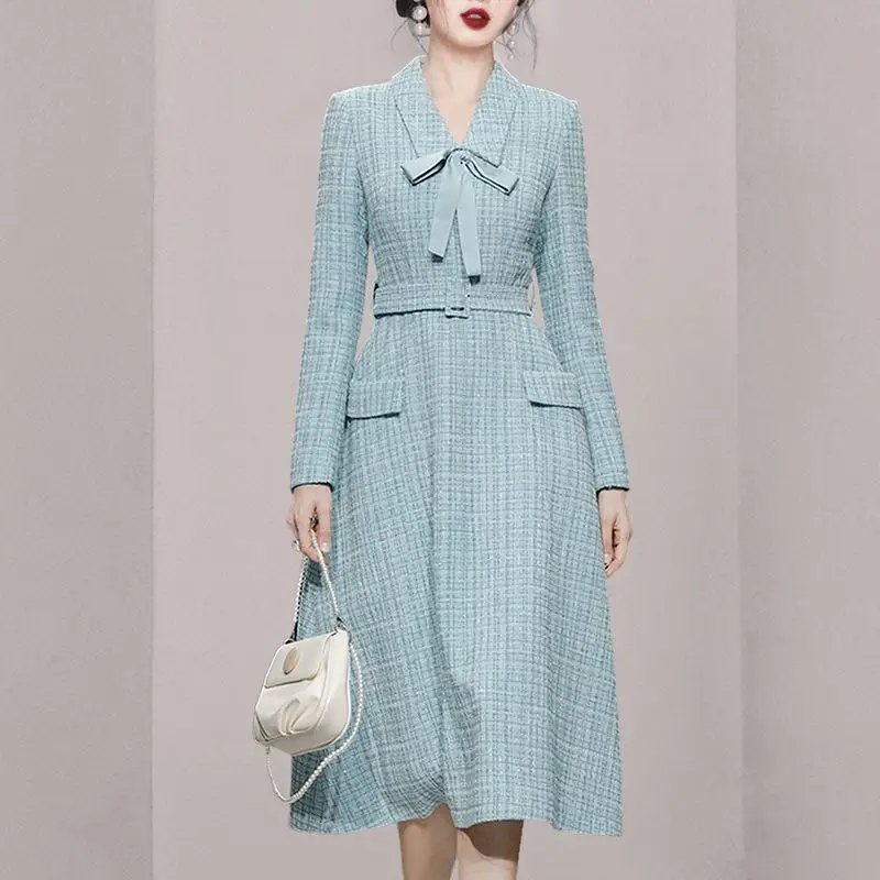 

Women's Spring and Autumn New Fashion Elegant Solid V-Neck Bow Tie Up Elegant Commuter Long Sleeve Slim Fit Mid Length Dress