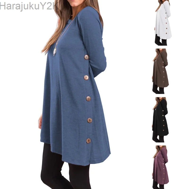 

2023 Womens Long Sleeve Button Side Tunic Shirt Dress Winter Autumn Loose Dresses