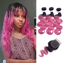 1B Rose Pink Ombre Human Hair 2/3 Bundles with Closure Transparent Lace Body Wave Remy Hair Weave Extension 10-22 inch MogulHair