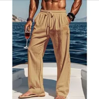 Pantalon ample en coton et lin pour homme, style artistique, taille élastique, couleur unie, décontracté, été 2025 3
