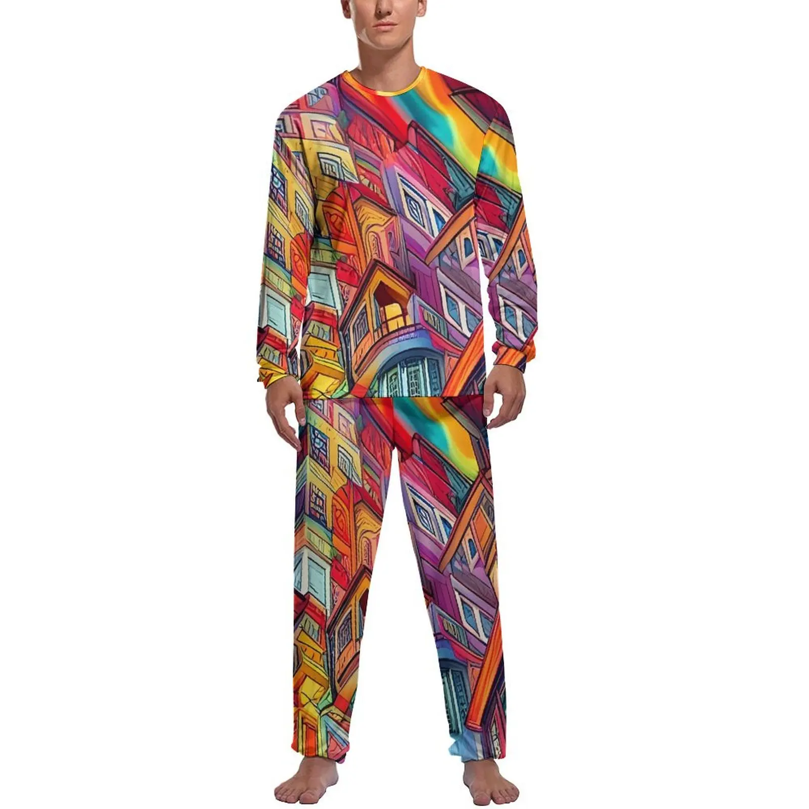 

Graffiti City Pajamas Colorful Abstract Male Long Sleeves Cute Pajama Sets Two Piece Casual Autumn Pattern Sleepwear Gift