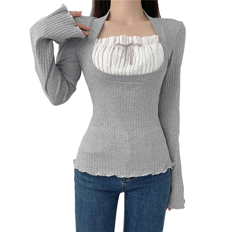 Xingqing Elegant Lady Square Collar T Shirt Kawaii Clothes Fairy Grunge Long Sleeve Ribbed Tops y2k Tees 2000s Women Streetwear 5