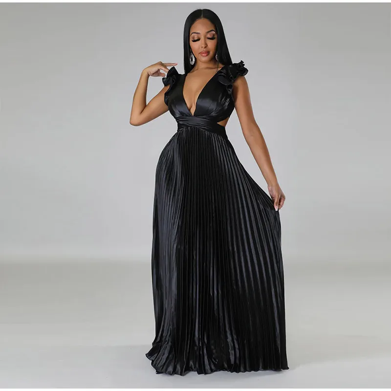 Women Solid Backless Elegant Long Dresses V-neck Pleated A-line Sexy Frock 2023 Spring Summer Evening Party Casual Style Dress