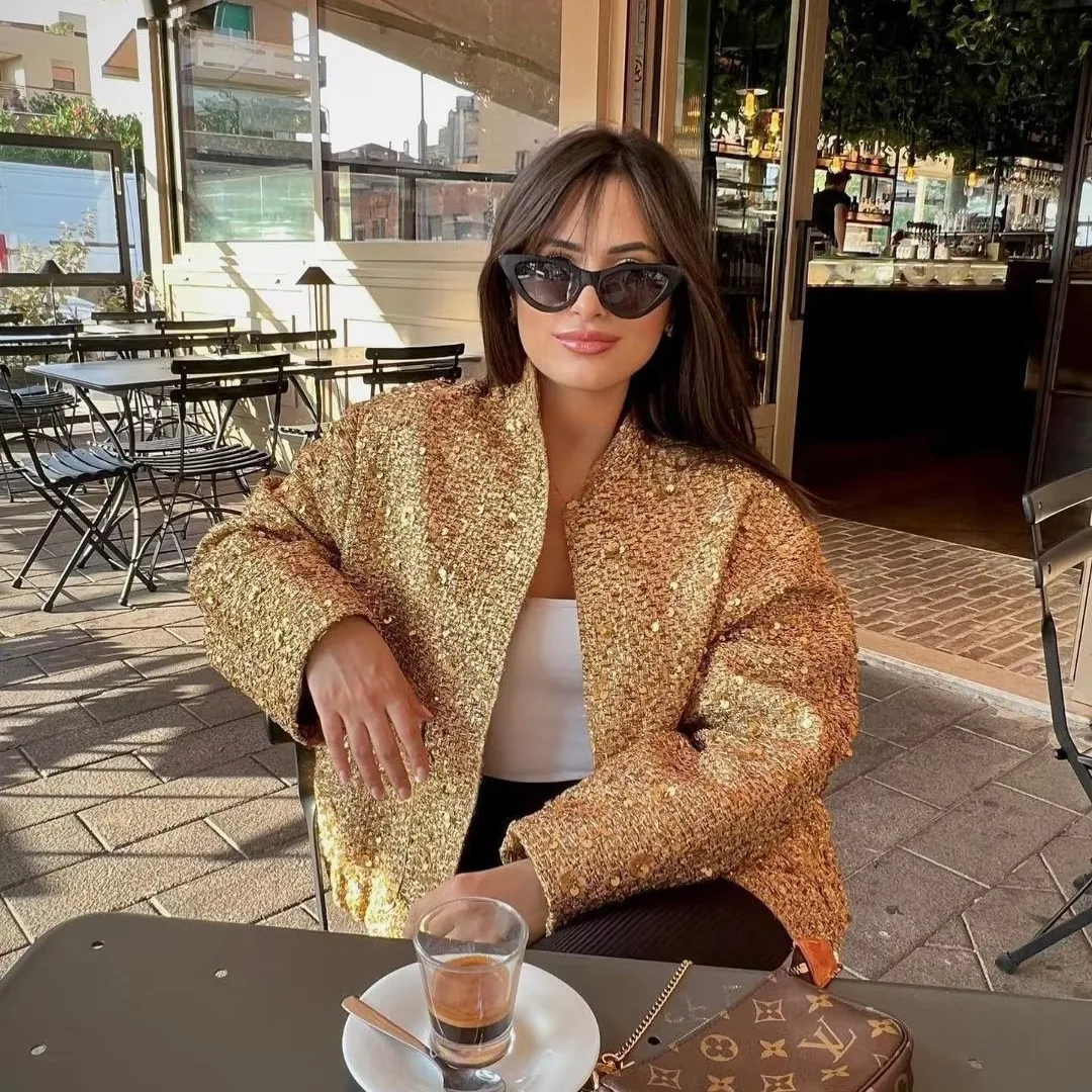 

Choichic Sequin Coat For Women Pocket Long Sleeve Stand Collar Gold Female Jacket Autumn Single Breasted Lady Y2k Outwear Top