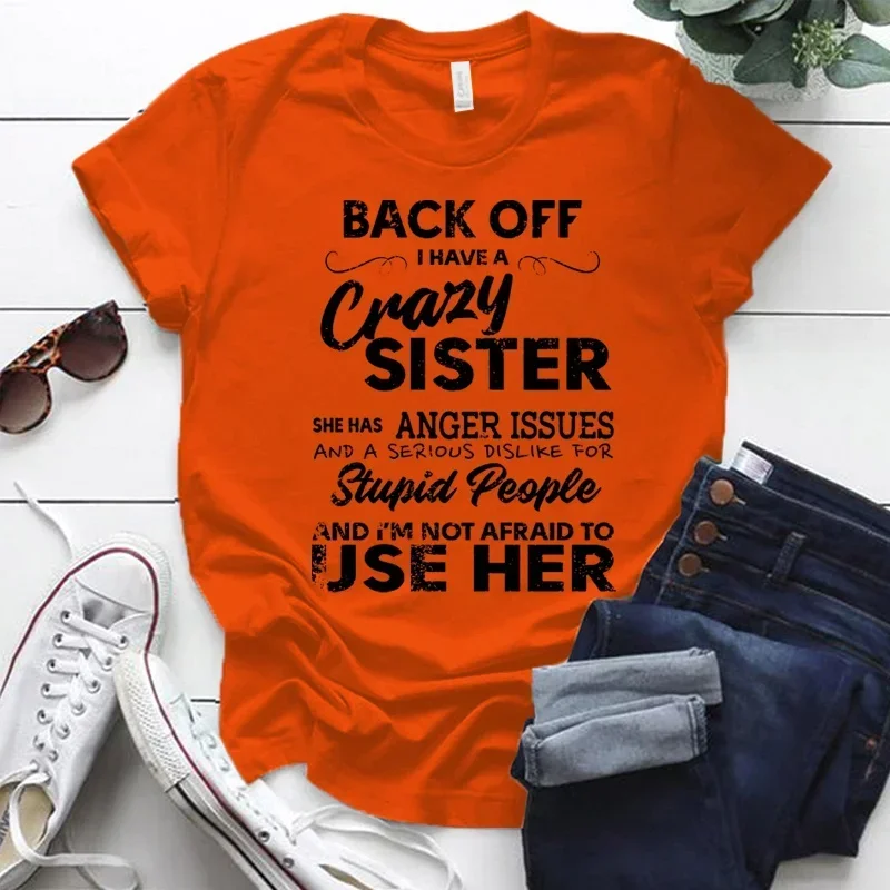 thumbnail image 1 of Camisetas con estampado I Have A Crazy Sister para mujer, ropa informal de manga corta, cuello redondo, Verano, 1 of 5