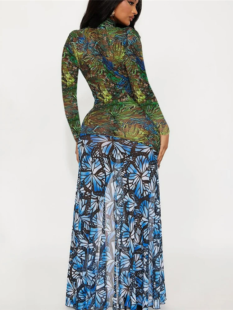 Nibber Colorful Print Dress Women Sexy See Through Hollow Full Sleeve Stretch Turtleneck Midnight Prom Party Club Long Bodycon