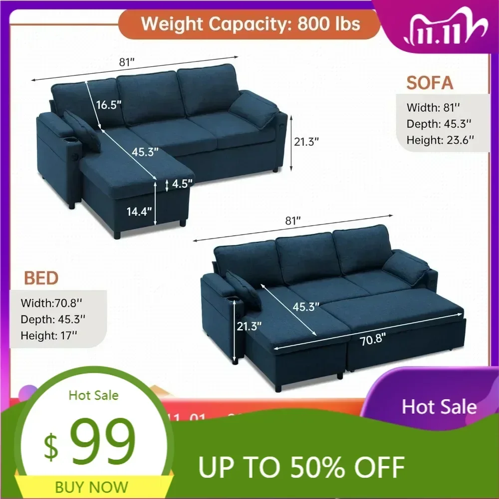convertible sofa bed with pull-out mattress, living room sleeper couch, l-shaped storage chaise with usb ports and cup holders i
