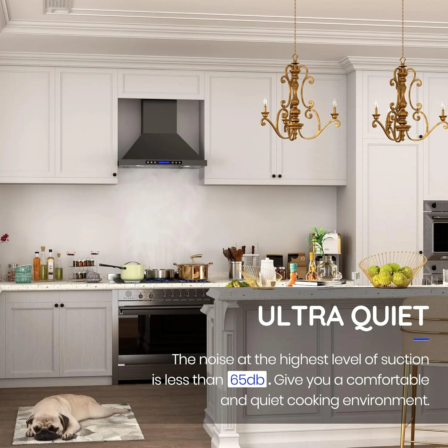 Wall Mount Hood 900 CFM Kitchen Hood Vent 4 Speeds Touch Control LCD Display With Remote /3 Pcs Baffle Filters / 2 Pcs 3W L 3