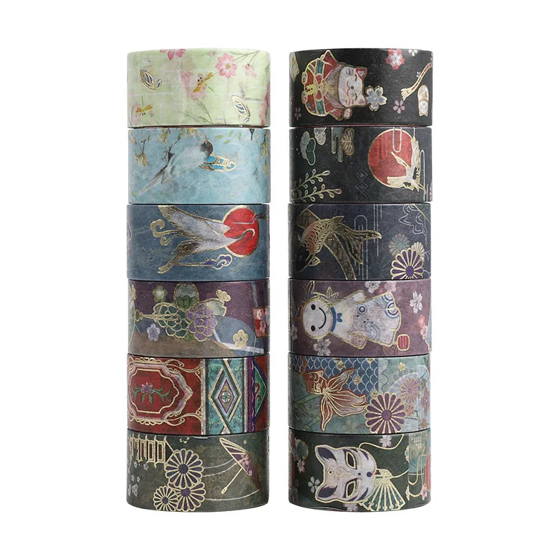 12pcs Japanese Culture Washi Tape Set 20mm*2m Gold Adhesive Masking Tapes Decoration Stickers for Album Diary School F033