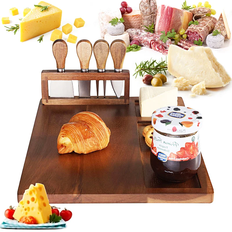 Cheese Board with 4 Knives Set Charcuterie Boards Acacia Wooden Cheese Serving Board Cut Platter Fot Outdoor Party Tray