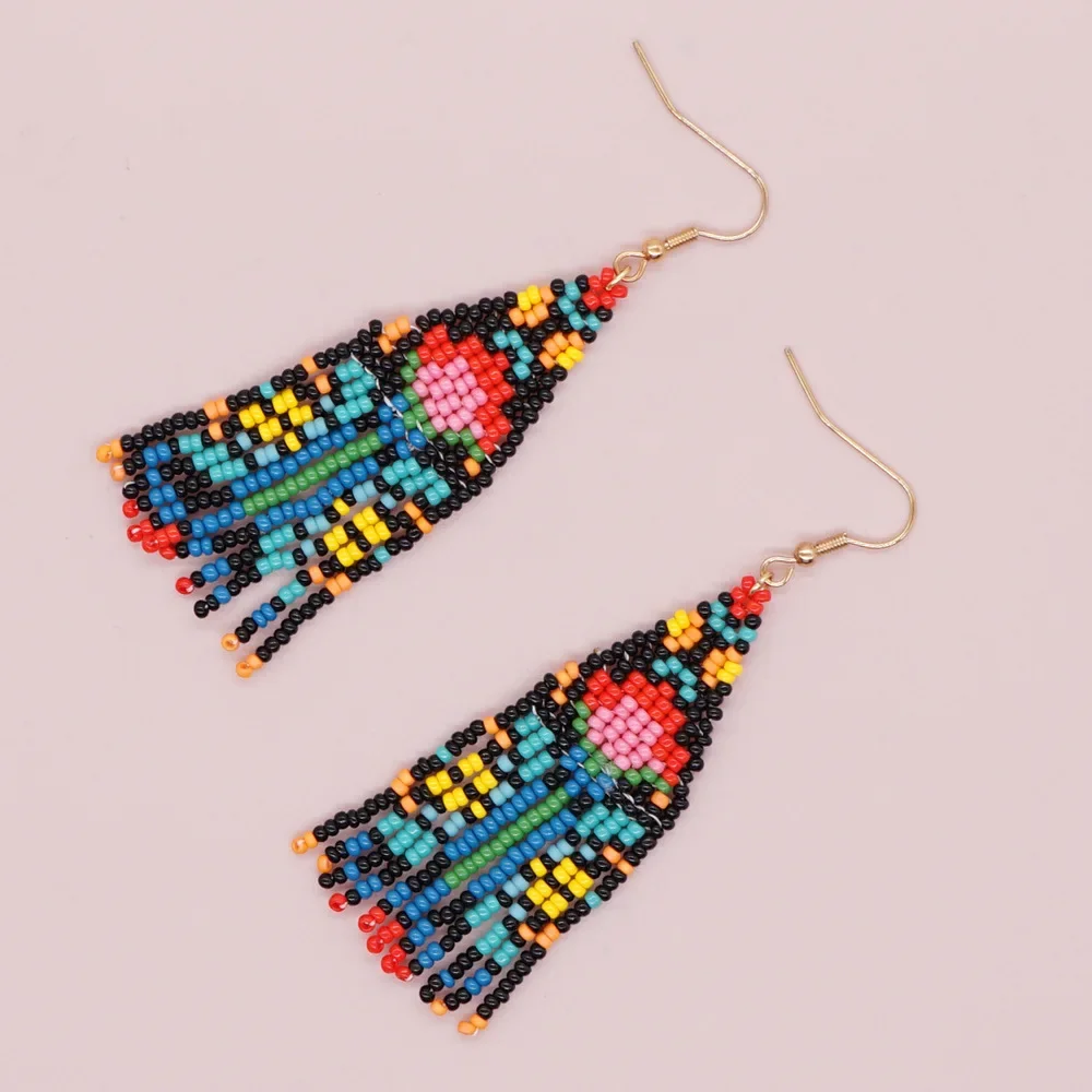 Rice Bead Earrings Hand knitting Beading Bohemia Big red