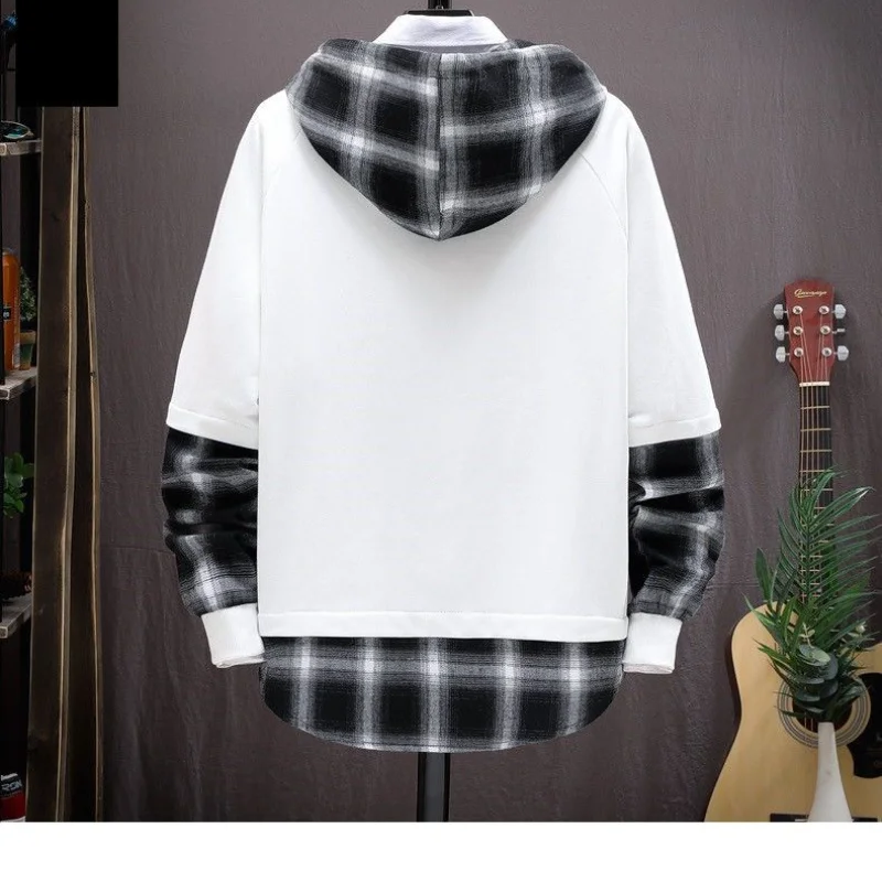 New Men's Clothing Hooded Long Sleeve Autumn Winter Fake Two Pieces Fashion Casual Sporty Letter Spliced Contrast Color Tops