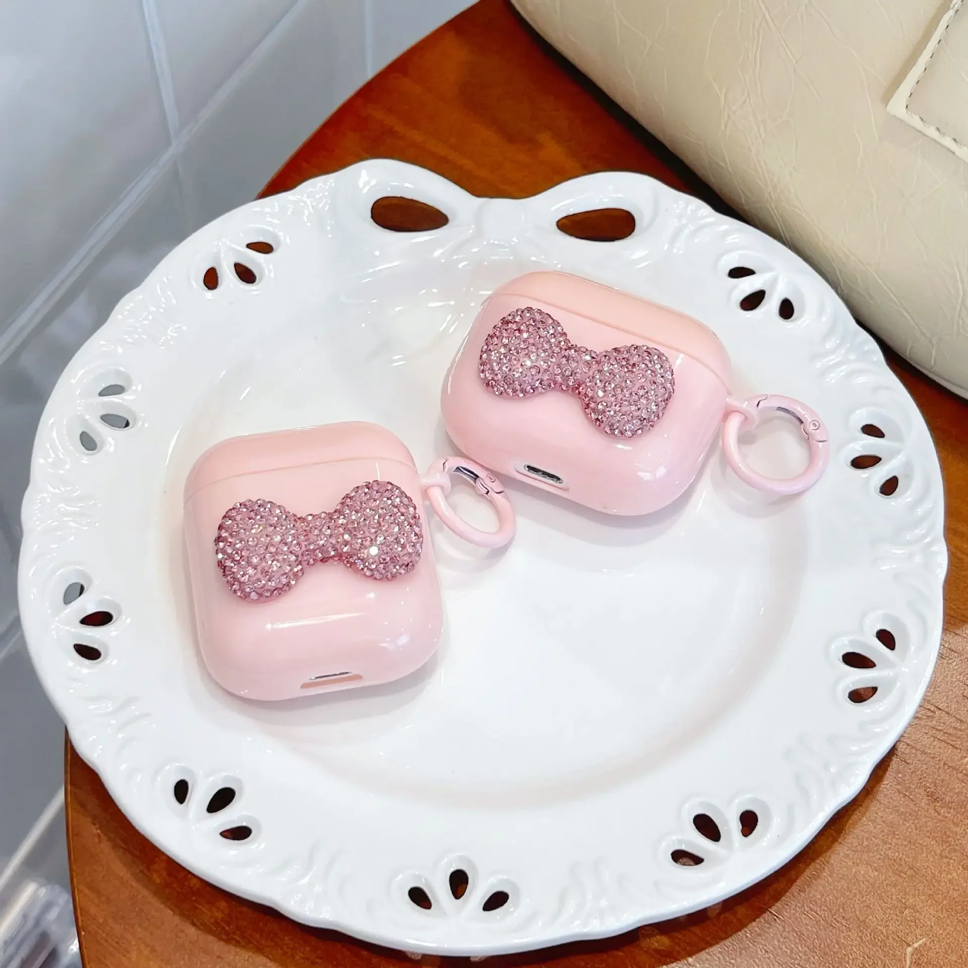 Cute Bow Pink Sparkling Diamond Earphone Case with Hook - Protective and Stylish Cartoon Design