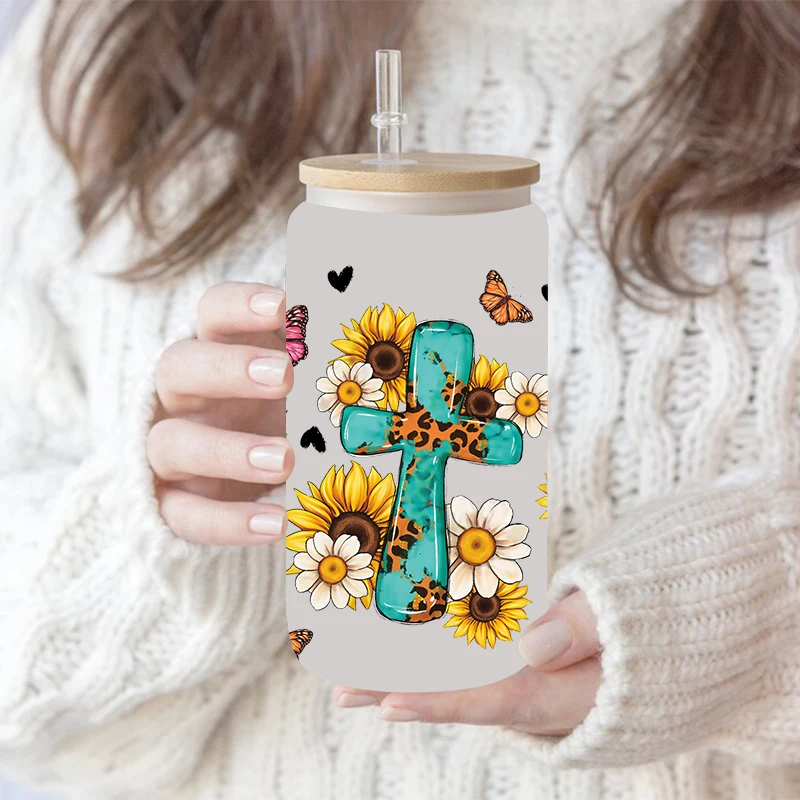 Christian Bible Faith Cross Design UV DTF Transfer Sticker WaterproofDecals For 16oz Libbey Glass Can Cup Wrap D7735 dtf transfer sticker