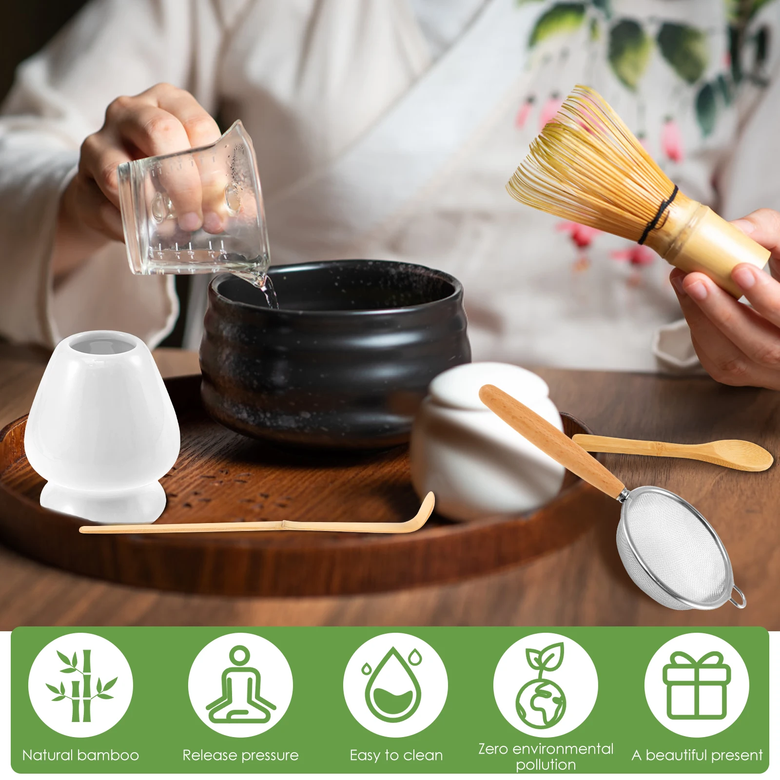 5Pcs Japanese Matcha Tea Set for Beginners Matcha Making Starter Kit with Whisk Tea Scoop Whisk Holder Safe Bamboo