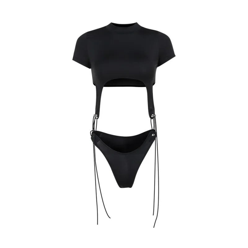 Body de manga corta con cuello alto para mujer, estilo Y2K, de una pieza con aberturas, con cordones, lencería sexy.