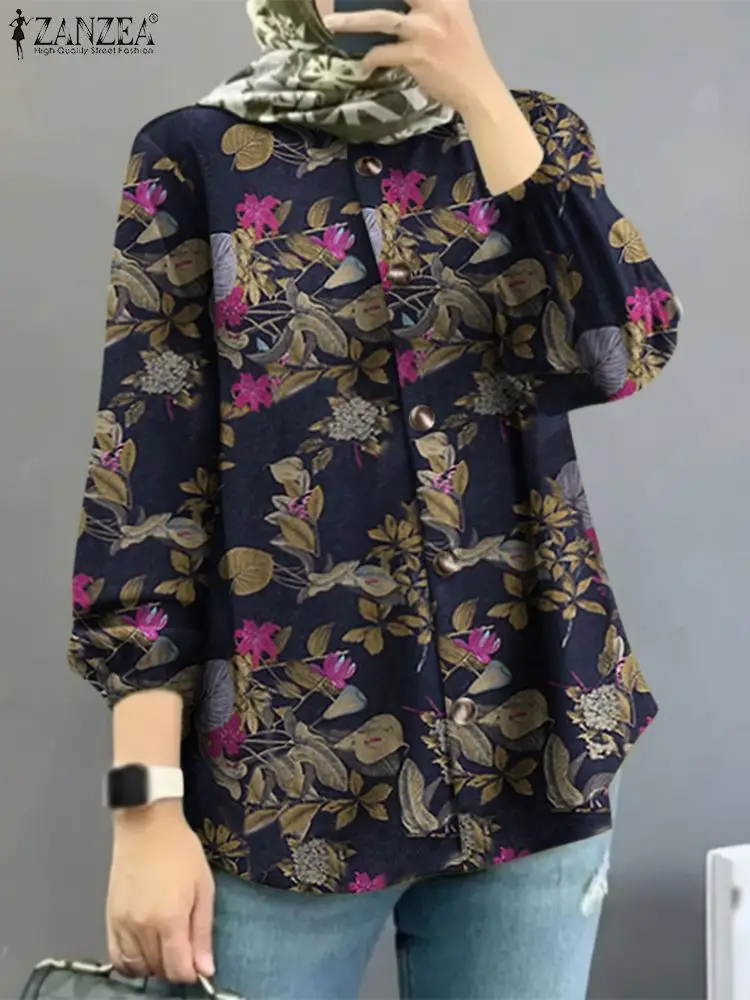 

Женская богемная блузка ZANZEA с длинным рукавом, Женская винтажная блузка с цветочным принтом, кафтан из Турции, Повседневная Рабочая Рубашка