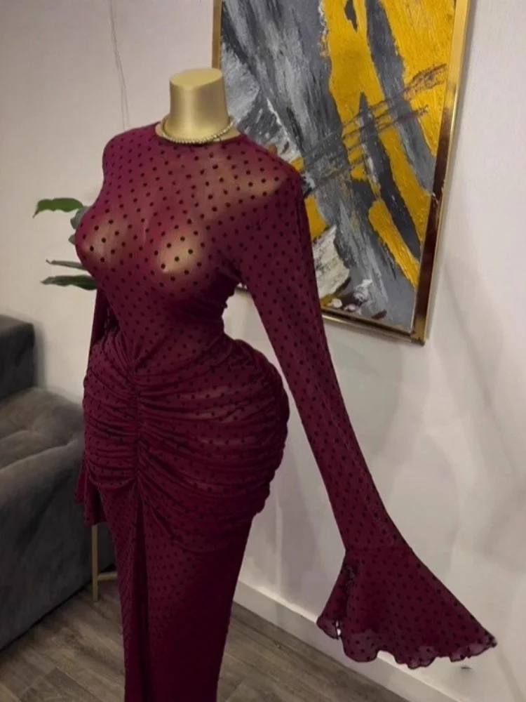 Wmstar Dresses for Women Wholesale Flared Long Sleeved  See Through Velvet Pleated Long Dress with Halter Top Dropshopping