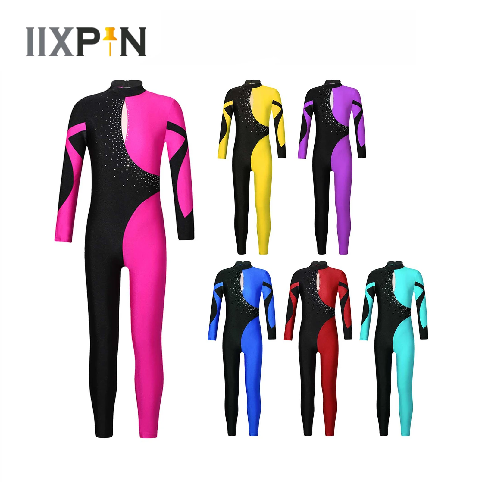 

Kids Girls Ballet Dance Jumpsuit Long Sleeve Shiny Rhinestone Contrast Color Splice Gymnastics Figure Skating Leotard Dancewear
