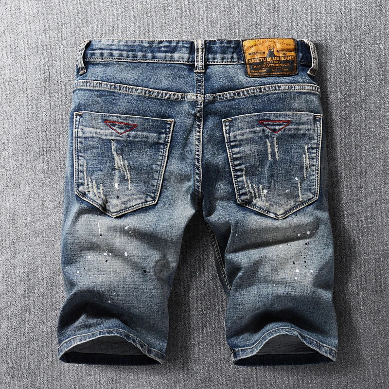 Newly Designer Fashion Men Jeans Summer Elastic Vintage Retro Blue Ripped Short Jeans Homme Patchwork Casual Denim Shorts Men