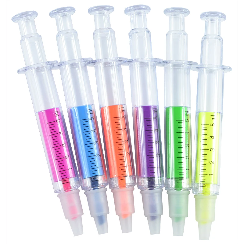 Highlighter Pen 6Pc Kawaii Syringe Highlighter Pen Syringe Needle Shape Mechanical Color pen Ballpoint for Office School Marker Writing Tool