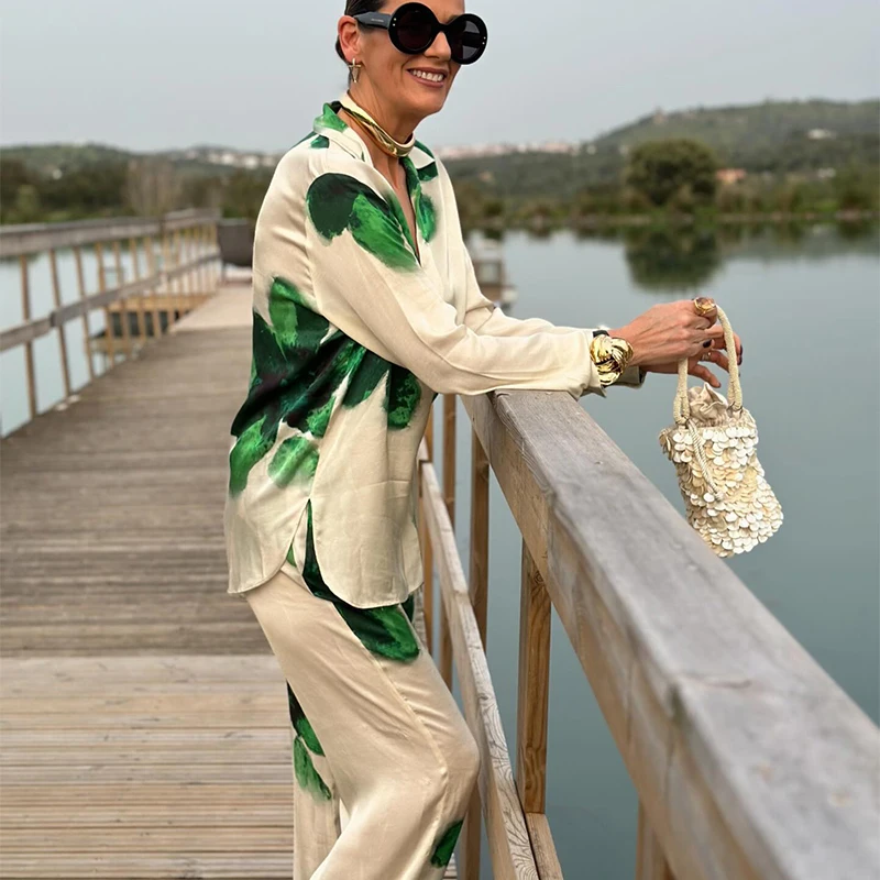 Women 2 Piece Pants Set Loose Lapel Single Breasted Shirts High Waist Wide Leg Trousers 2024 Pants Sets Casual Women Pants Suits