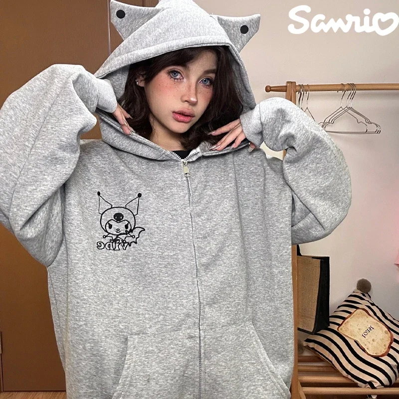 

Sanrio Kuromi Loose Hooded Cardigan Sweatshirt Cartoon Pattern Cardigan Couple Jacket Versatile Plus Size Casual Fashion Tops