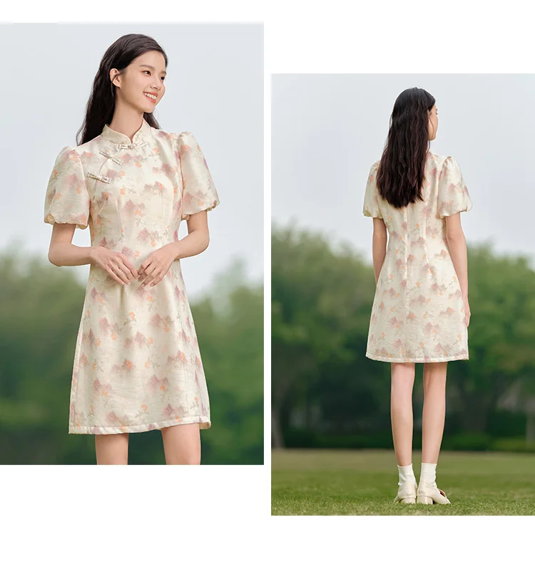 Vestido Cheongsam de verano con mangas abullonadas y estampado de pintura de tinta para mujer