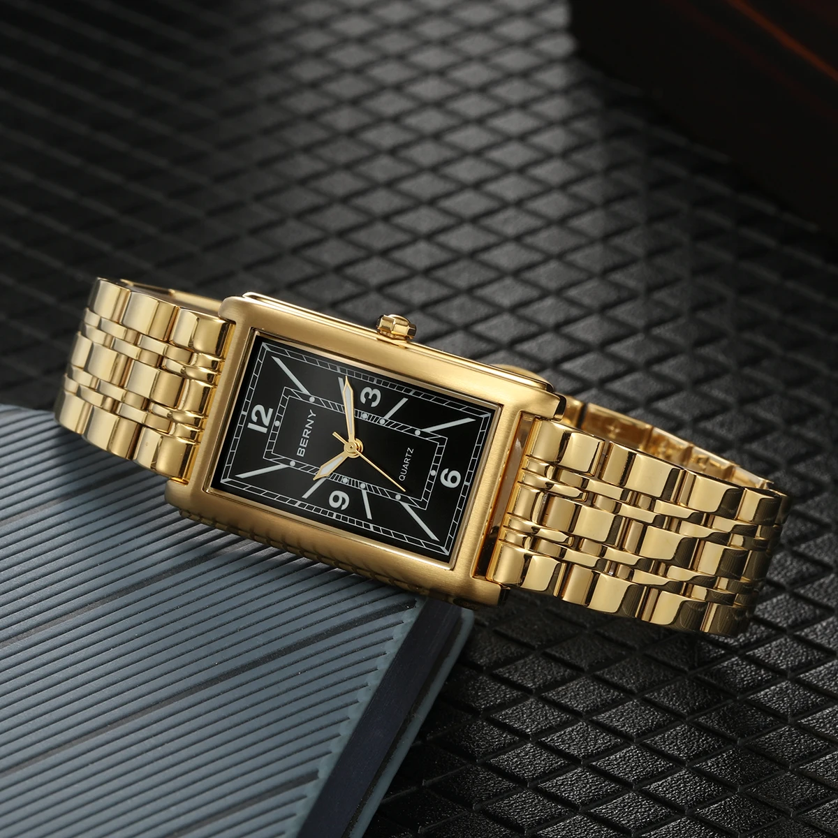 BERNY Square Quartz Golden Men Wristwatch Luminous Hands Texture Tank RectangularStainless Steel High Quality Luxury Men's Watch
