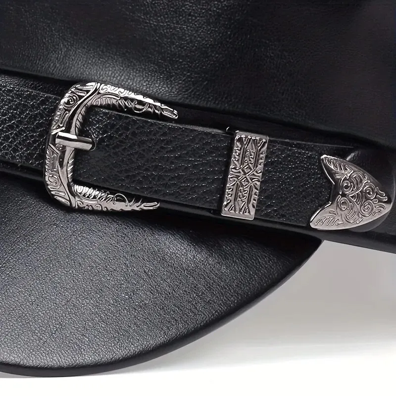 Fashion Women Large Belt Buckle Leather Hat Spring Autumn Sailor Hats Black Ladies Beret Caps Men Flat Top Captain Military Caps Sports & Entertainment