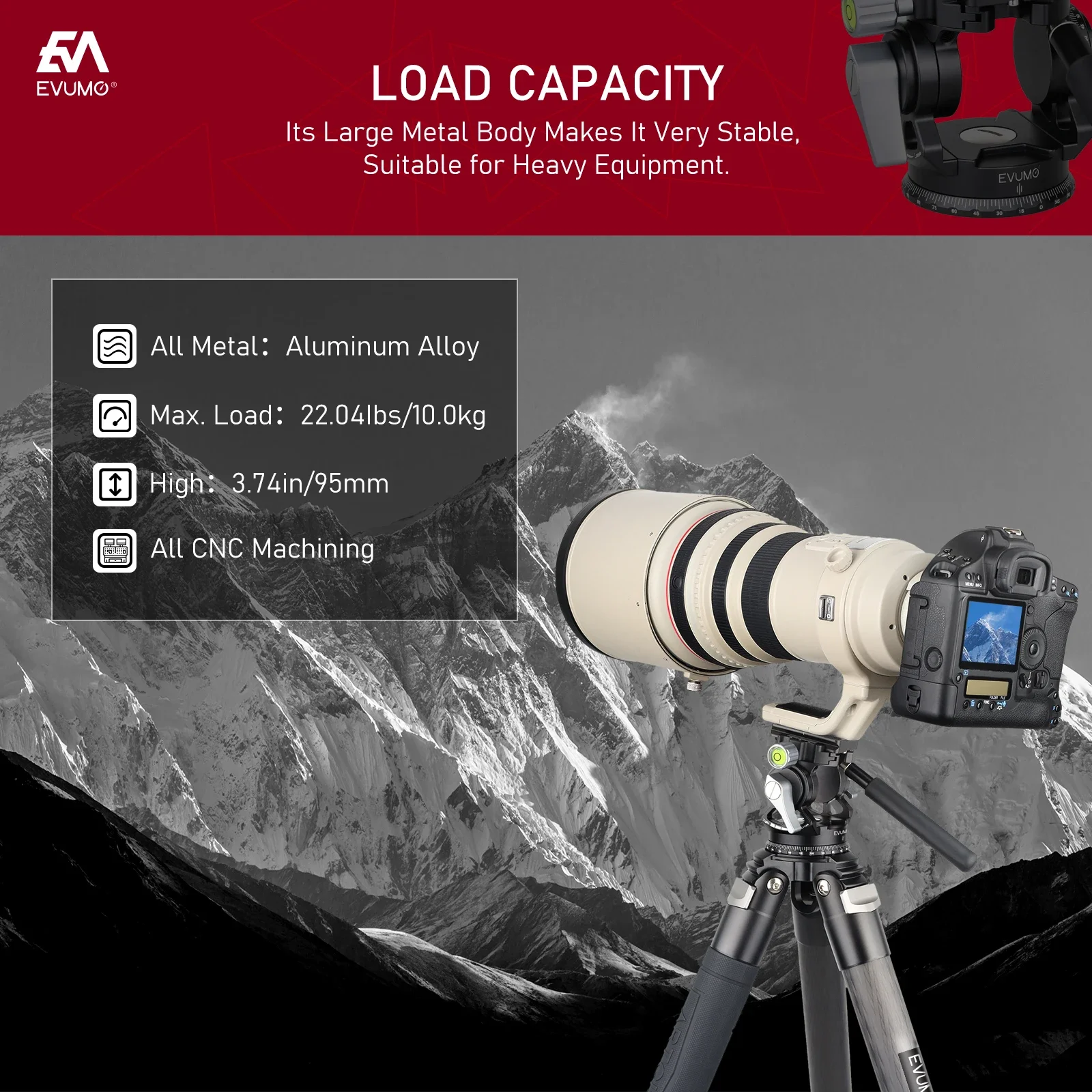 Video Tripod Head EVUMO Hollow Video Hydraulic Head -80&deg;+90&deg; 360 Panoramic Vlog Universal Ballhead for Tripod Monopod