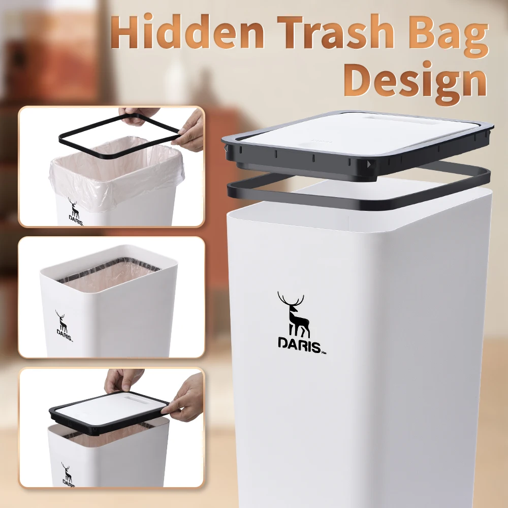 DARIS 11/15L Two-Piece Trash Can White Household Trash Bins For Kitchen Bedroom Storage Pressed Type Anti-odor Garbage Can images - 6
