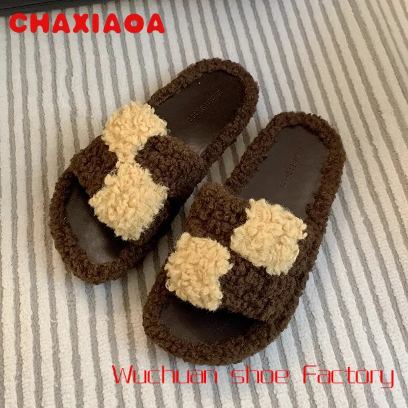 

Custom Available Women's Open Toe Color Block Fluffy Teddy Fur Slides Winter Indoor Furry Fuzzy Slippers