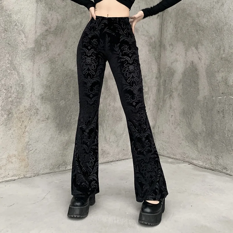 

Sexy Fashion Patchwork Floral Velvet Solid Flare Pants Women Gothic Dark High Waist Loose Trousers 2023 Streetwear Suede Pants