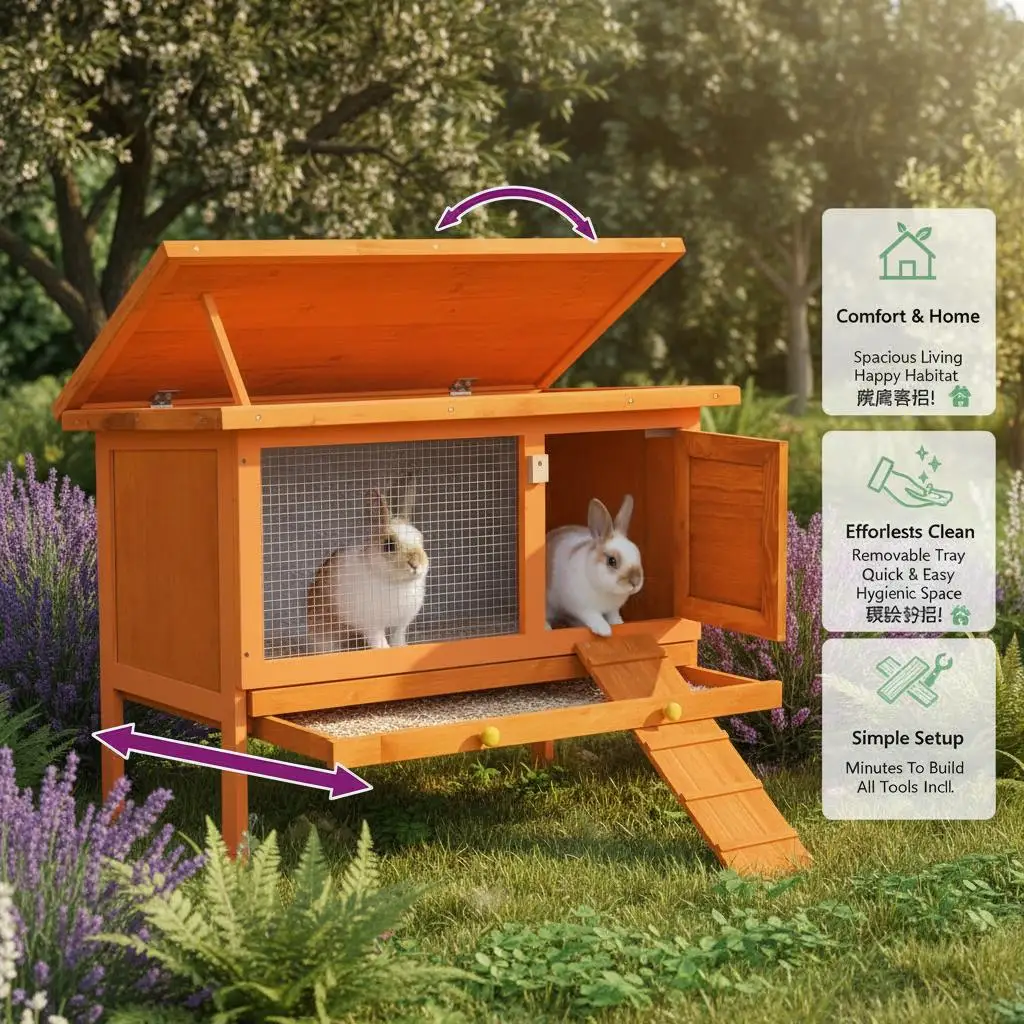 Einstöckiges Outdoor-Kaninchenstall aus massivem Fichtenholz mit wasserdichtem Dach, ausziehbarem Boden und Drahtgitter – Detail 4