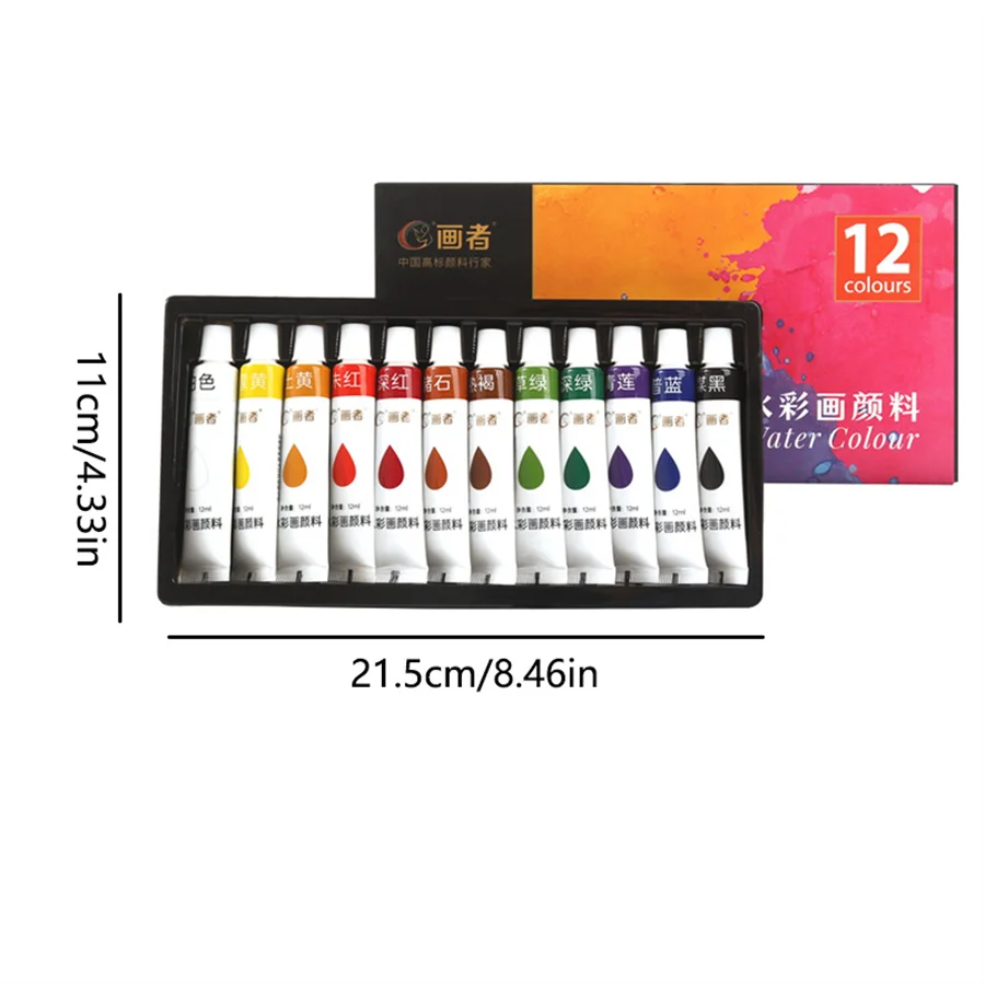 12/18/24/36개 세트의 수채화 물감, 각 세트는 2ml/0.4oz씩 들어있으며, 수채화 용지 10장과 붓 2개와 함께 제공됩니다.
