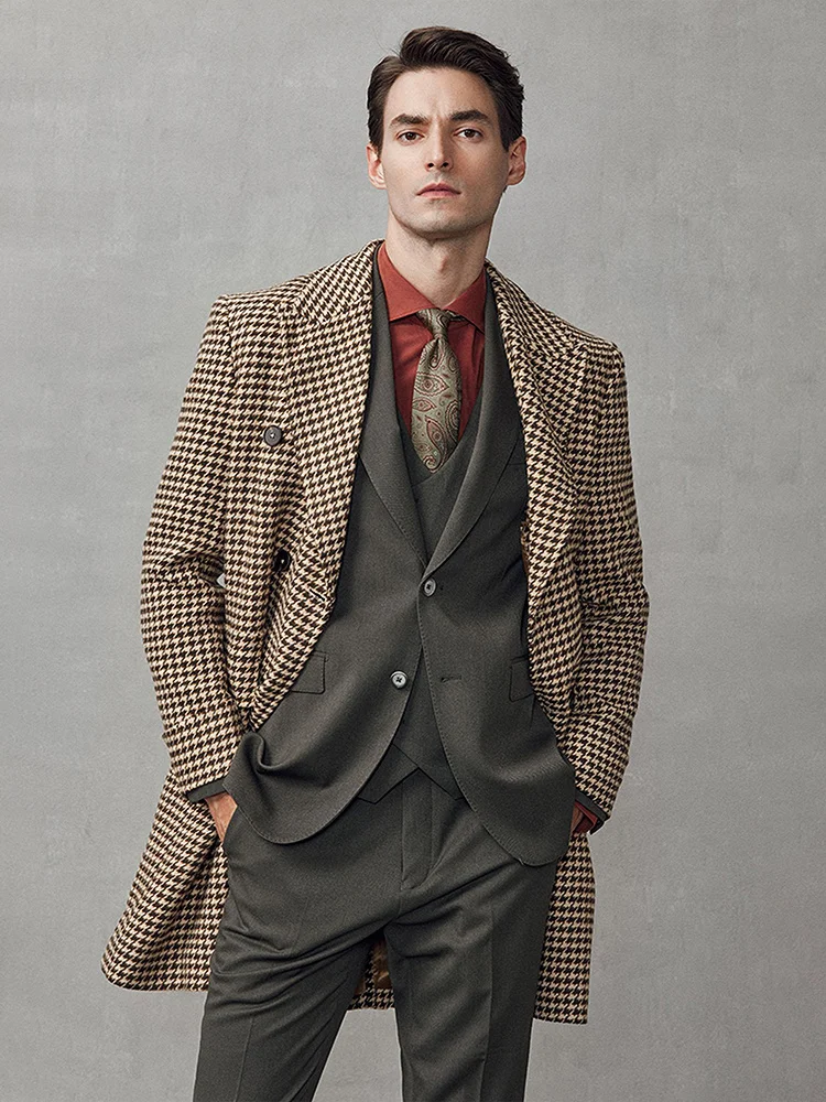 

30% Wool Men Windbreaker Double Breasted Brown Small Plaid Autumn Winter Thick Men Long Outerwear Retro Warm Clothing Plus 3XL