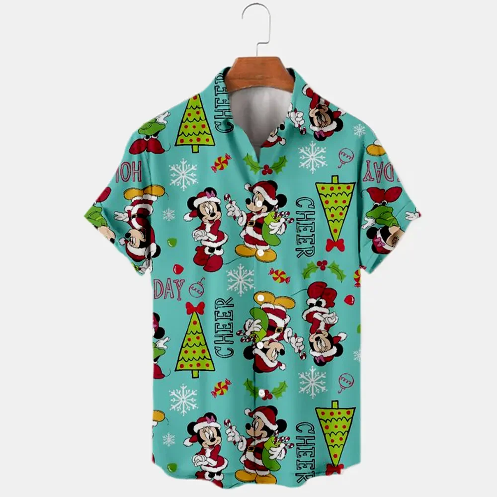 New Christmas Disney Brand Kawaii Stitch and Mickey Anime 3D Printing Men\'s Lapel Short Sleeve Shirt Harajuku Style Slim Top Y2K