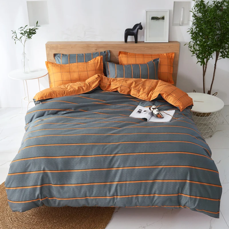 

Bedclothes Super Warm Soft Duvet Cover Bed Set Simple Thin Stripes Orange Gray Bedding Quilt Cover Set 3pcs 4pcs King Queen Full