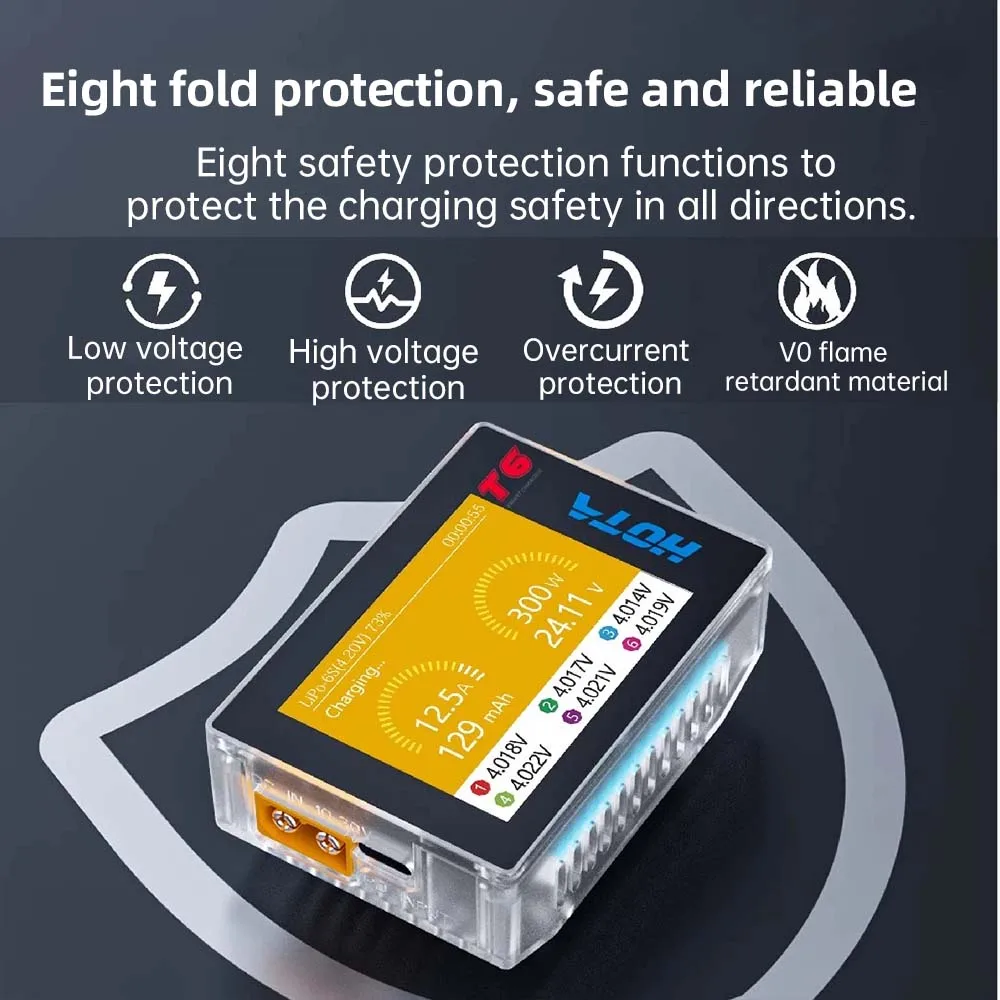 HOTA T6 Smart Charger  DC/PD Dual Input 300W 2.4IPS Supports XT60 and TYPE-C Interfaces Compatible  PD3.0 FPV RC Battery Charger thumbnail 2