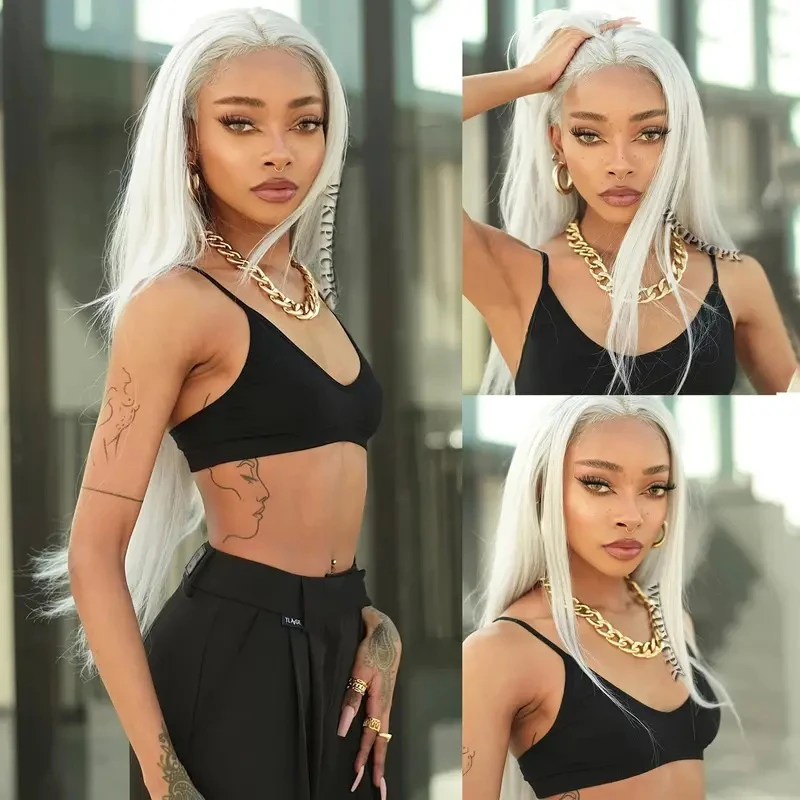 Platinum White Color Synthetic Heat Resistant 13x3 Lace Frontal Long Silky Straight Hair Wig For Women Cosplay Wig High Density
