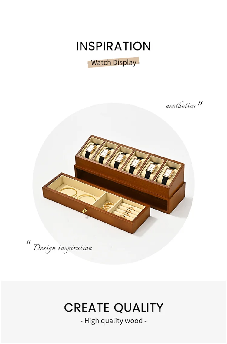 Oirlv 6 Grilds Wooden Watch Box Double-layer Jewelry Organizer Wrist Watch Display Box Dust-proof Transparent Cover Watch Case